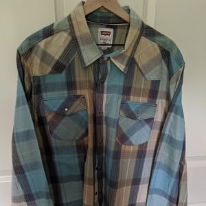 👣Levi's Teal and Gold Plaid Western Shirt